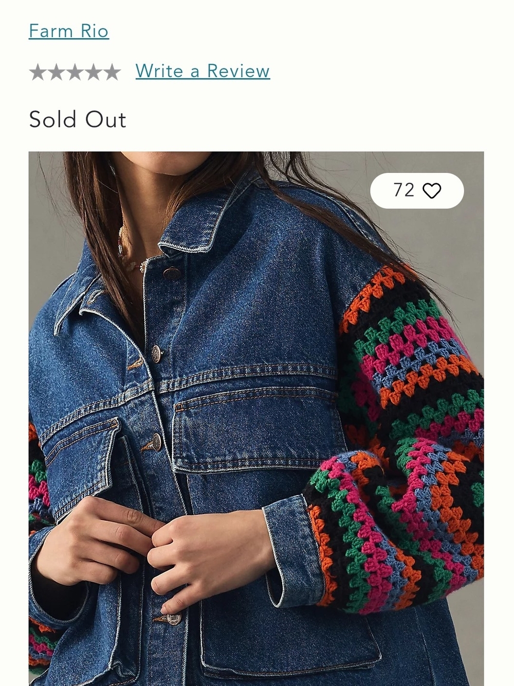 FARM Rio Blue Denim Jacket with Multicolor Crochet Sleeves